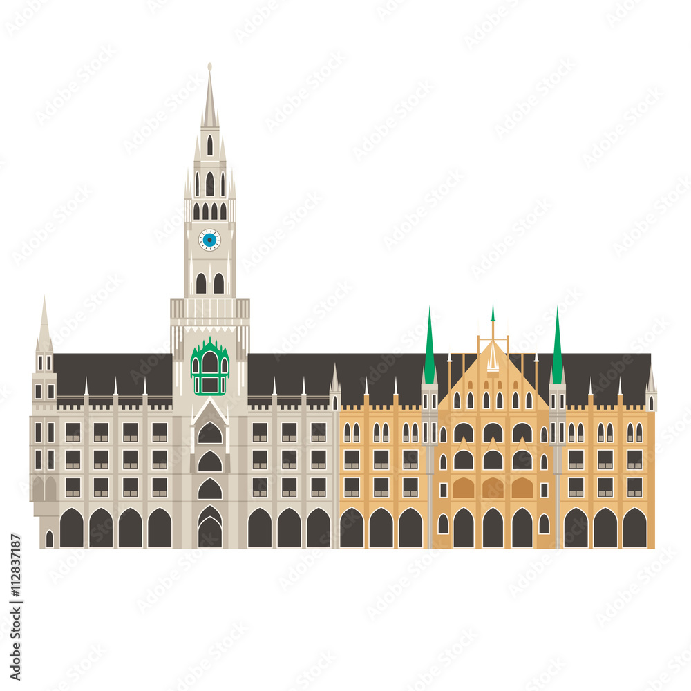 New Munich city hall in Bavaria, Germany. Neue Rathaus building in Munich, landmark vector illustration