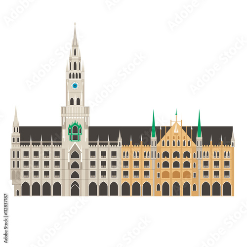 New Munich city hall in Bavaria, Germany. Neue Rathaus building in Munich, landmark vector illustration