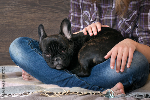 Dog on the teenager kneeling on the bed. Legs in jeans, barefoot. Dog black french bulldog puppy. Ideas, concepts - Dogs Trust to the person. Comfort, rest with the dog 