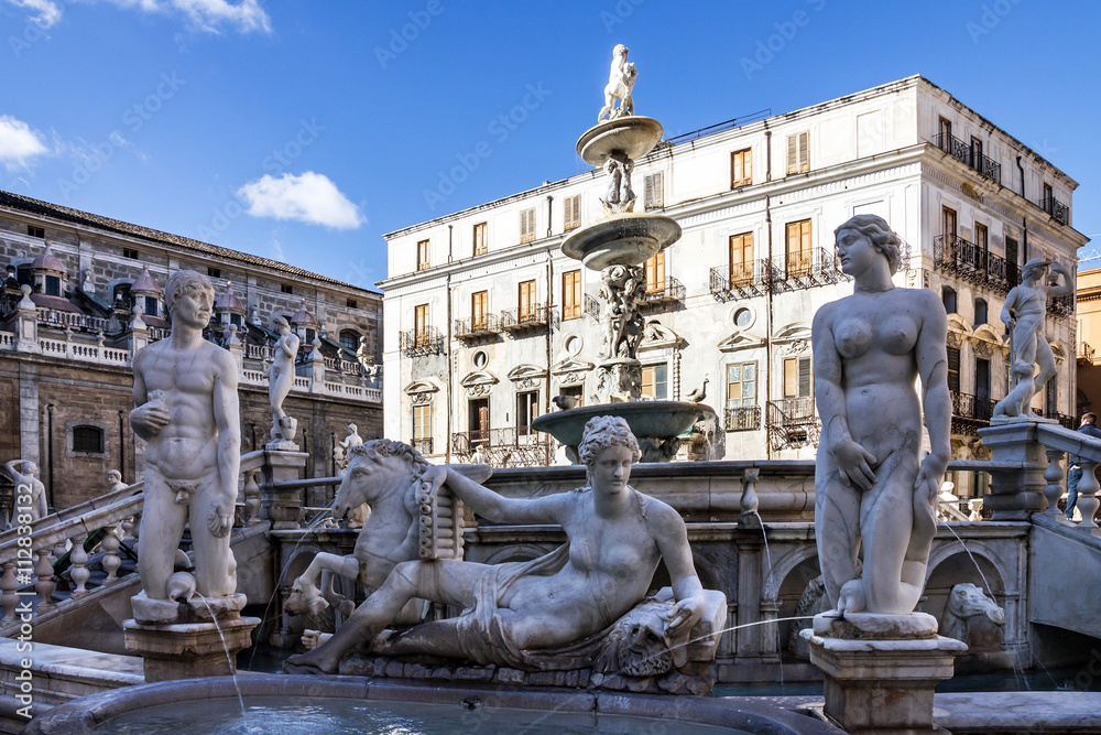 Palermo Fontana Pretoria, Sicily, Italy. Historical buildings