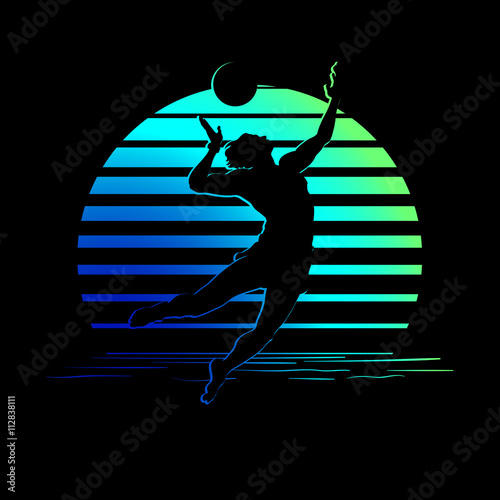 black and blue-green stripes logo with volleyball player silhouette