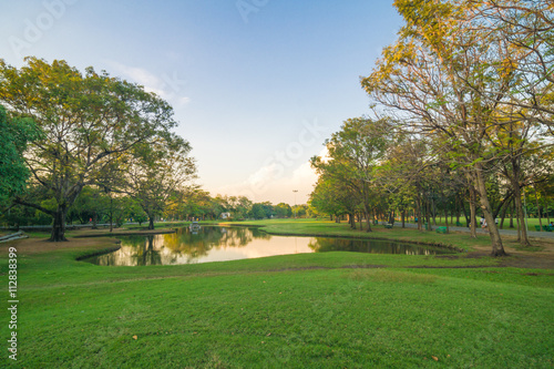 Sunset in the beautiful park with pond nature