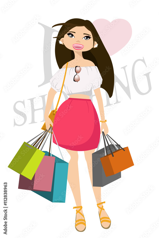 Happy girl with shopping bags in shop. Shopper. Sales. Funny cartoon character. Vector illustration. Isolated on white background
