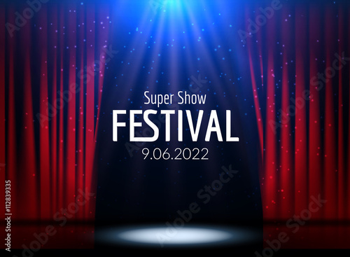 Vector Festive design with lights. Poster for concert, party, theater, dance template. Stage with Curtains. Poster Template with Lights .