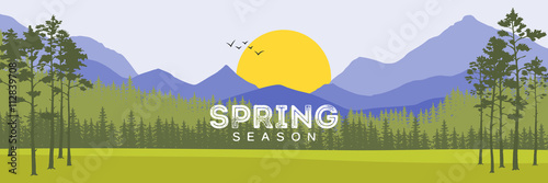 Spring Background. Forest with Shining Sun. Travel Background. Vector illustration