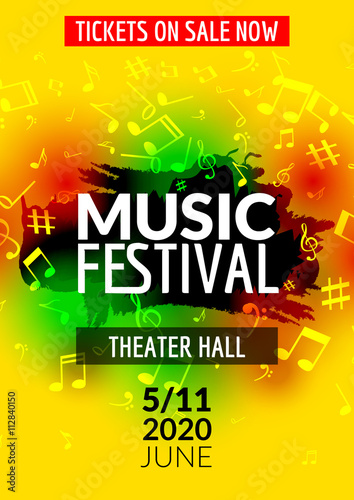 Colorful vector music festival concert template flyer. Musical flyer design poster with notes