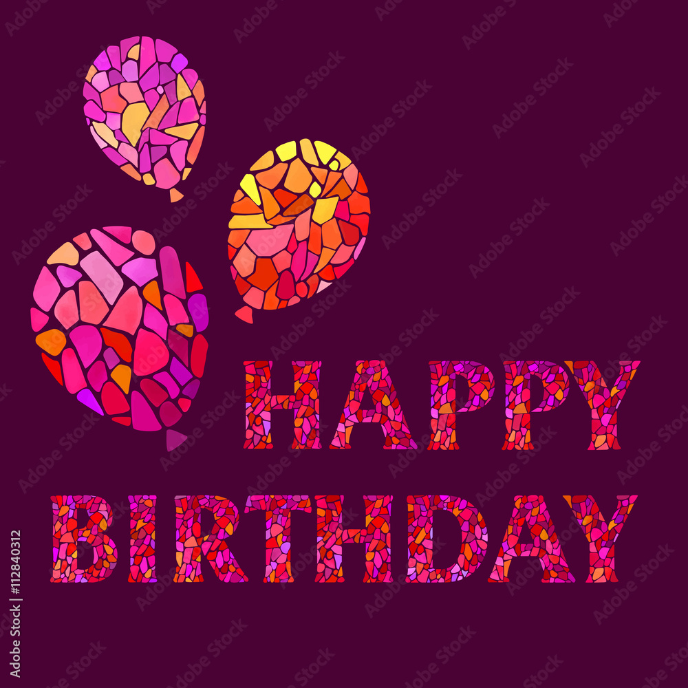 Happy Birthday Watercolor mosaic Style Hand lettering on purple background.  Original Watercolor mosaic Happy Birthday Greeting Card with balloons -  vector Illustration Stock Vector | Adobe Stock