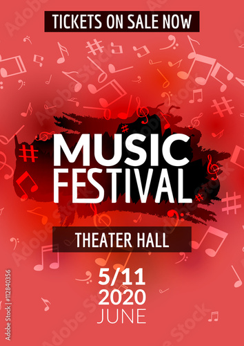 Colorful vector music festival concert template flyer. Musical flyer design poster with notes
