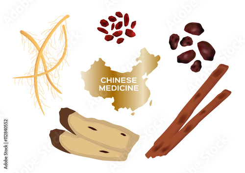 Different kind of Chinese herbal medicine for soup food on white background