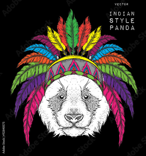 Panda in the colorful Indian roach. Feather headdress of eagle. Hand draw vector illustration