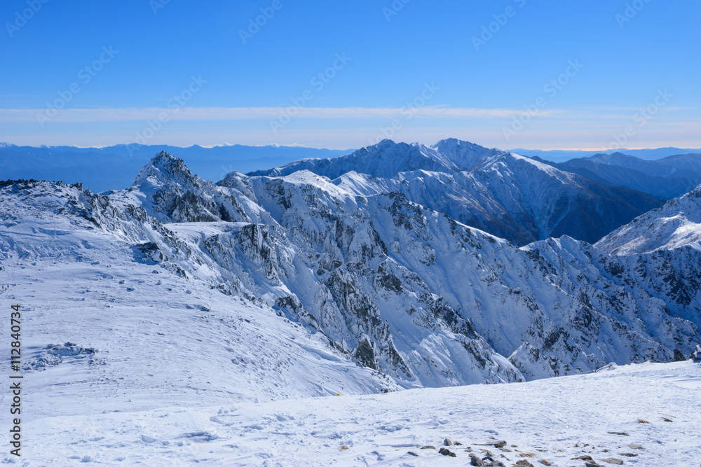 Ridge line of the Central Japan Alps in winter in Nagano, Japan