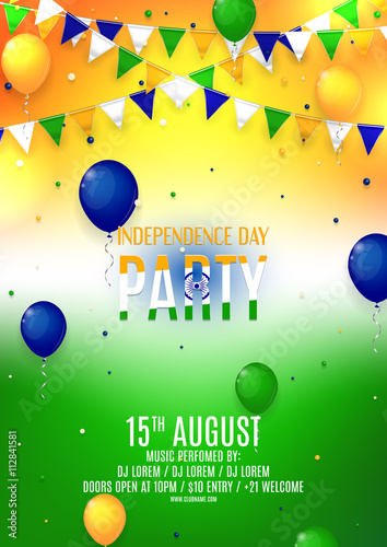 Indian Independence Day party flyer. Color background with air balloons and with a garland from color flags. Indian Independence Day celebration poster. Vector illustration.
