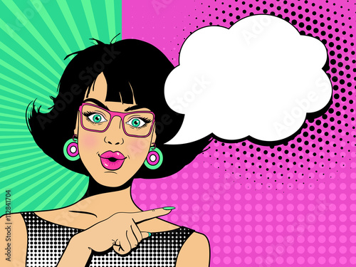 Wow face. Young sexy surprised woman with open mouth and hand pointing on speech bubble. Vector colorful background in pop art retro comic style.