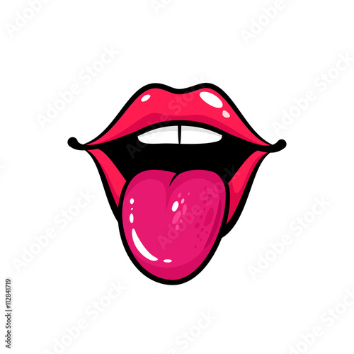 Open female mouth with tongue and teeth. Vector comic illustration in retro pop art style isolated on white background.