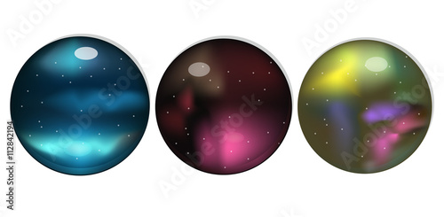 SET BEAUTIFUL GALAXY GEMS VECTOR ICONS in different color with different shapes, isolated on the white background. Sphere.