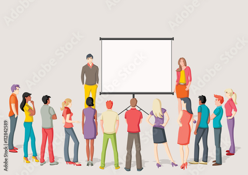 Business people and white billboard with empty space. Presentation screen.
