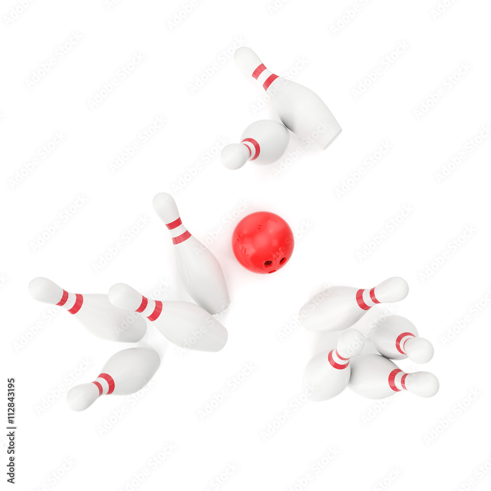 Bowling game, red ball crashing into the skittles, top view. 3d illustration Bowling game, red ball crashing into the skittles, top view. 3d illustration