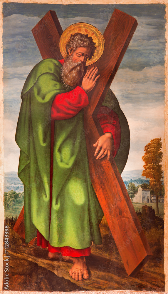 Naklejka premium AVILA, SPAIN, APRIL - 18, 2016: The St. Andrew the apostle painting in Catedral de Cristo Salvador by unknown artist from 15. cent.