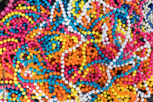 Bright plastic beads.