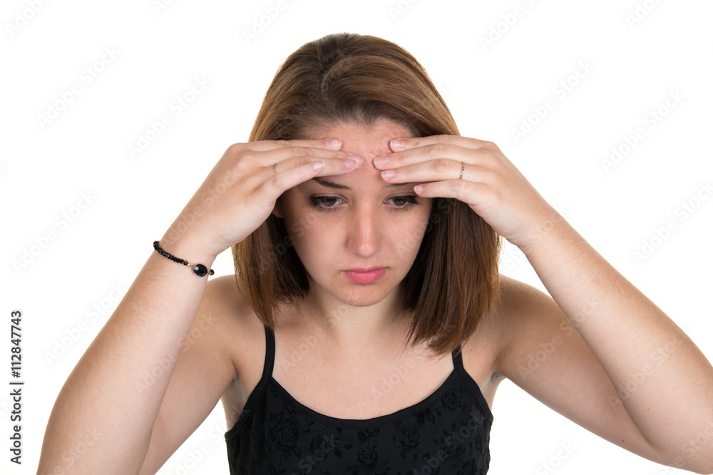 Woman fed up having a headache isolated on white Woman fed up having a headache isolated on white