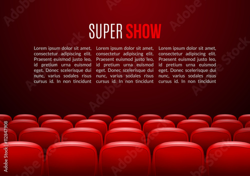 Movie theater with row of red seats. Premiere event template. Super Show design. Presentation concept with place for text
