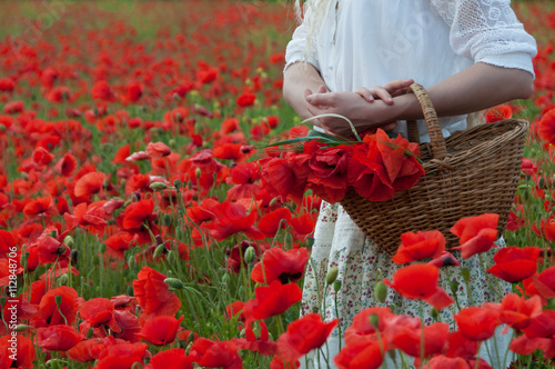 Woman holding a basket with poppy flowers © litts