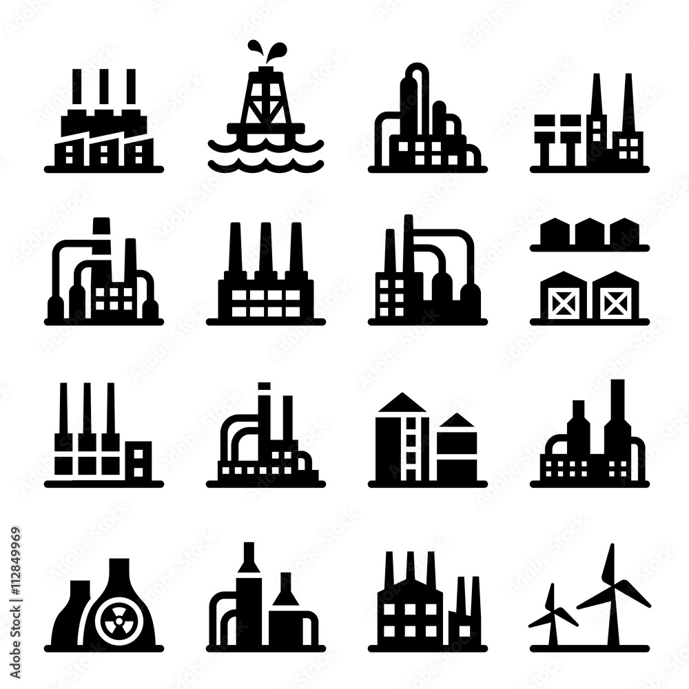 Industrial building factory icon set