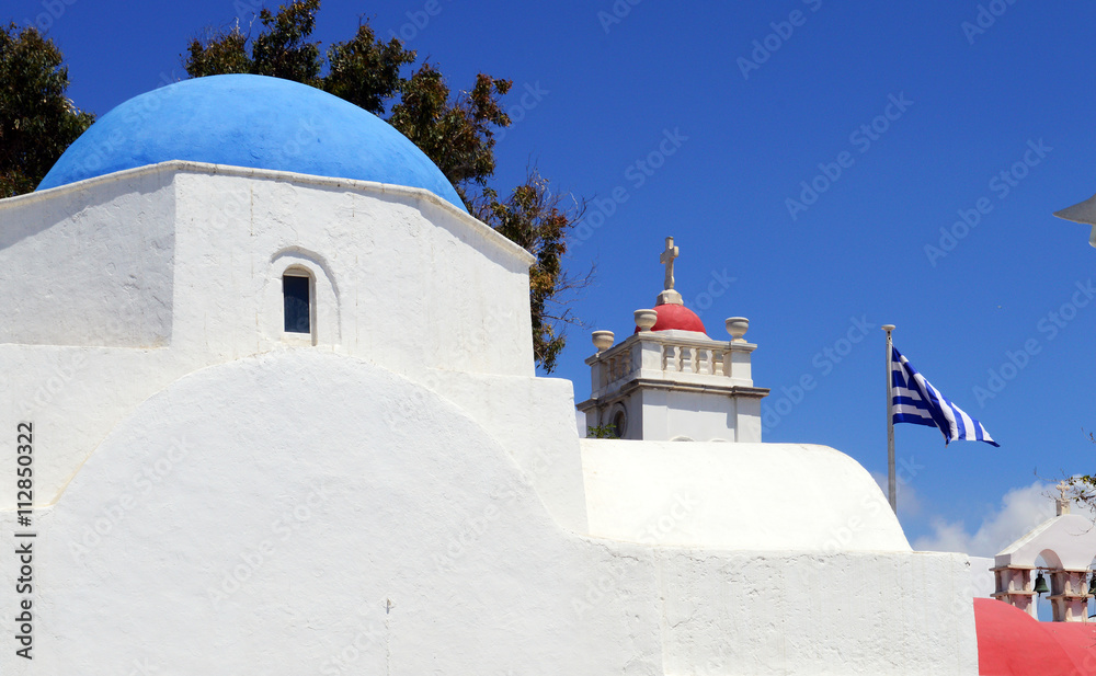 Classical greek church on the town of Mykonos, Greece