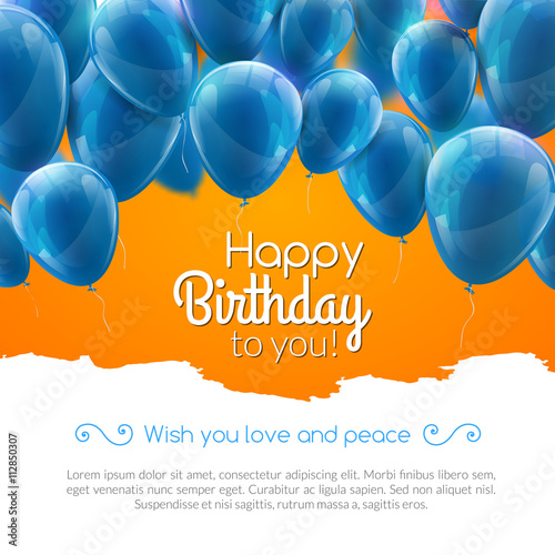 Vector happy birthday card with blue balloons, party invitation.