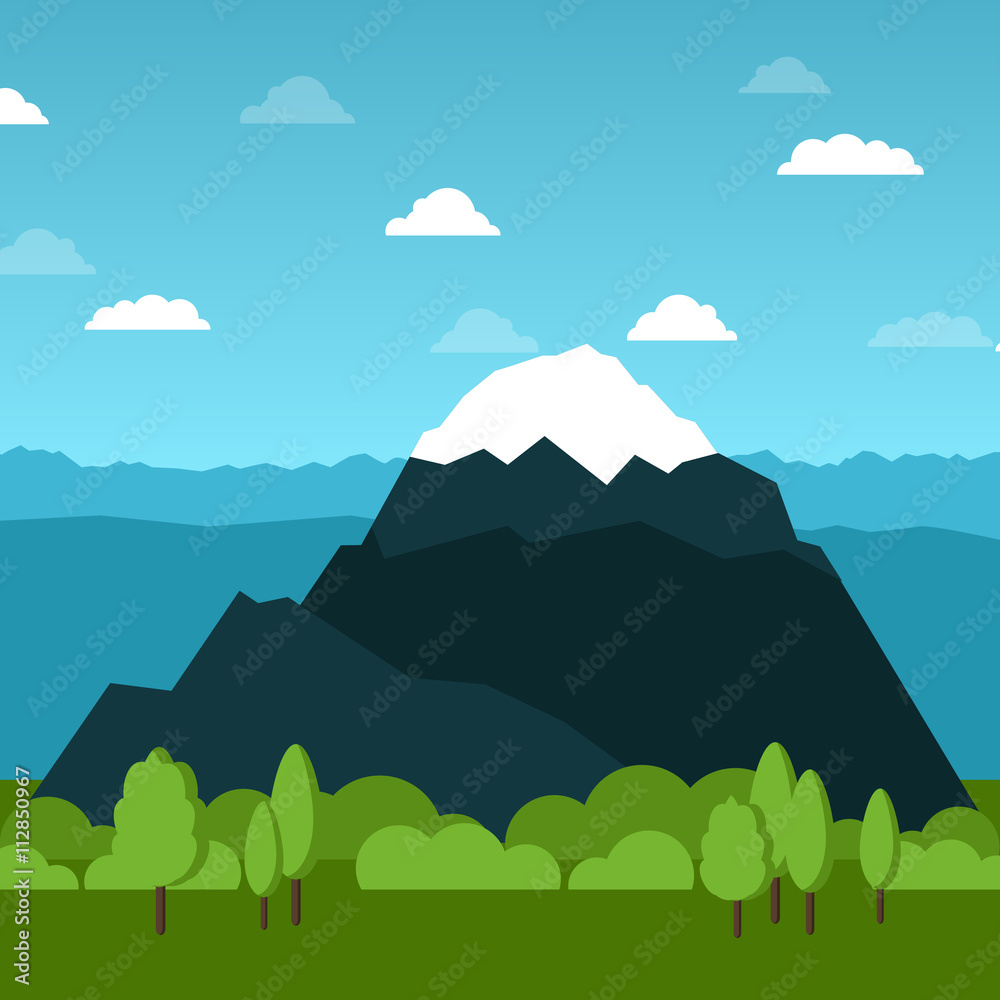 Vector mountain with sky, clouds, forest flat illustration. Alps mountain - Zugspitze in Bavaria, Germany 
