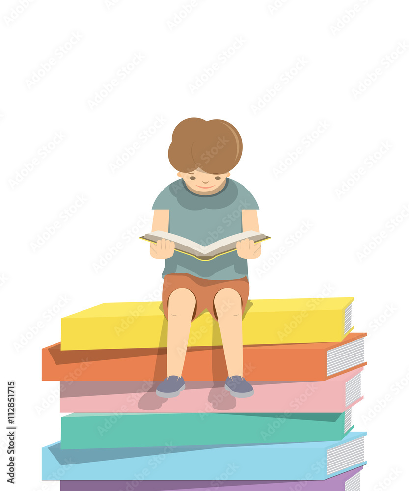 Boy reading a book on a pile of books  White background, illustr