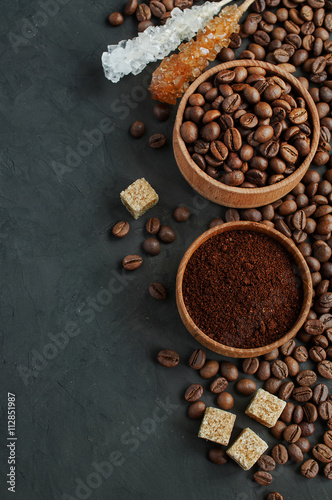 Coffee beans and ground coffee and sugar