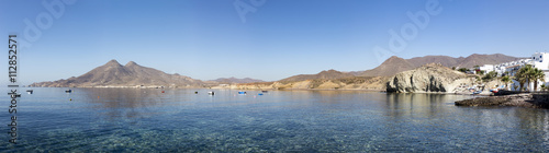 Panomaric view of Mediterranean sea, and Beaches of Cabo de Gata in Almeria from the coast town of La Isleta del Moro, Spain