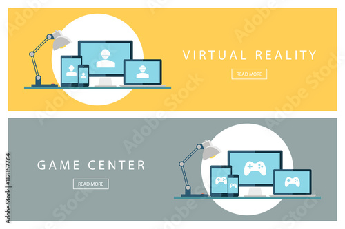 Set of flat design illustration concepts Virtual reality and Game center. Banners for web design, marketing and promotion. Presentation templates. Vector illustration.