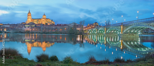 Salamanca - The Cathedral and bridge Puente Enrique Estevan Avda and the Rio Tormes river at dusk
