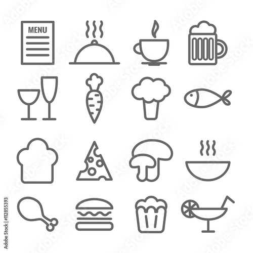 Collection of linear food icons. Thin restaurant icons for print, web, mobile apps design