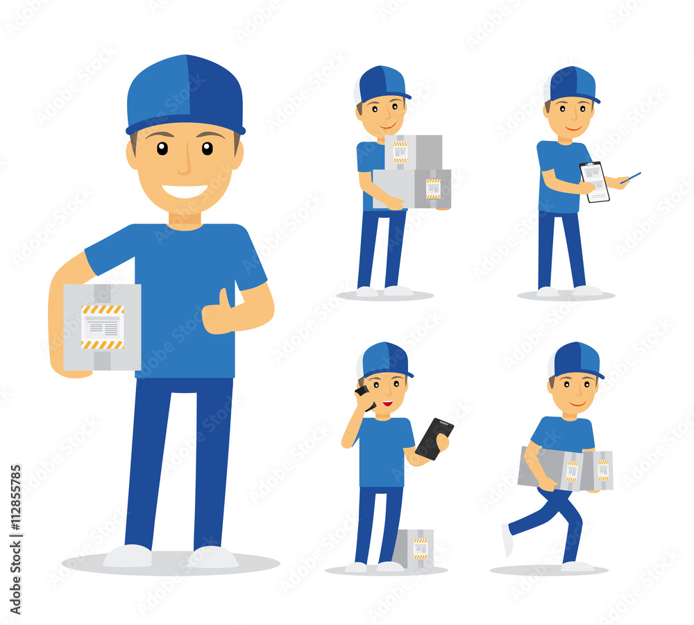 Delivery man in blue uniform holding boxes and documents in different poses. Vector illustration Delivery man in blue uniform holding boxes and documents in different poses. Vector illustration