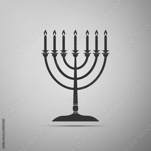 Hanukkah menorah icon on grey background.