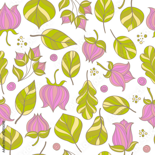 Flowers and leaves seamless pattern. Vector floral background