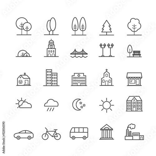 Set of linear icons of city landscape elements. Thin icons for web, print, mobile apps design
