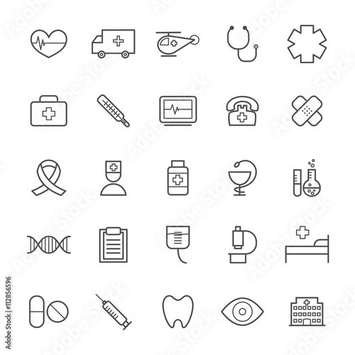 Collection of 25 linear medical icons. Thin icons for web, print, mobile apps design