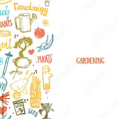 Gardening background items in cartoon style. Plants in pots  scissors  seeds  boots.