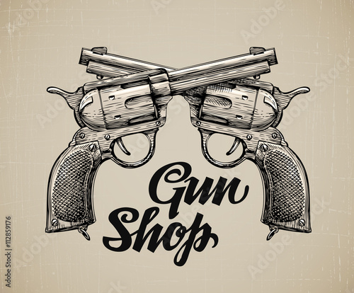 Crossed Pistols. Hand drawn sketch Gun. Vector illustration