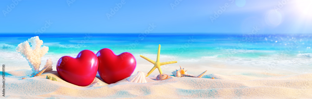 Couple Of Hearts On Tropical Beach - Romantic Holiday
 - obrazy, fototapety, plakaty 