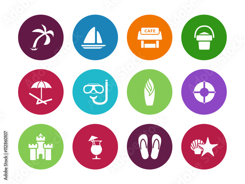 Beach circle icons on white background.