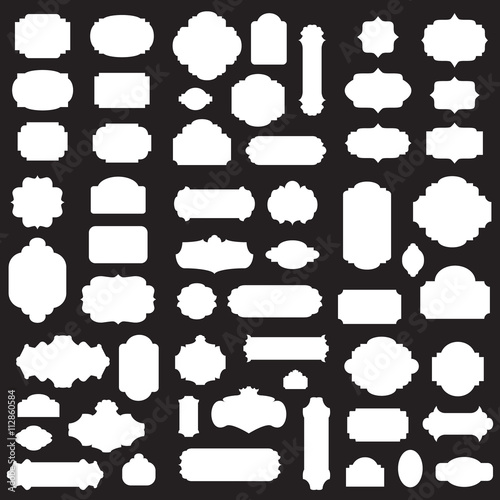 Empty blank vintage frame, set, romantic old style design elements, abstract objects, white silhouettes isolated on black background, vector illustration.