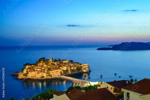 Beautiful Island and Luxury Resort Sveti Stefan at Night, Montenegro. Balkans, Adriatic sea, Europe.