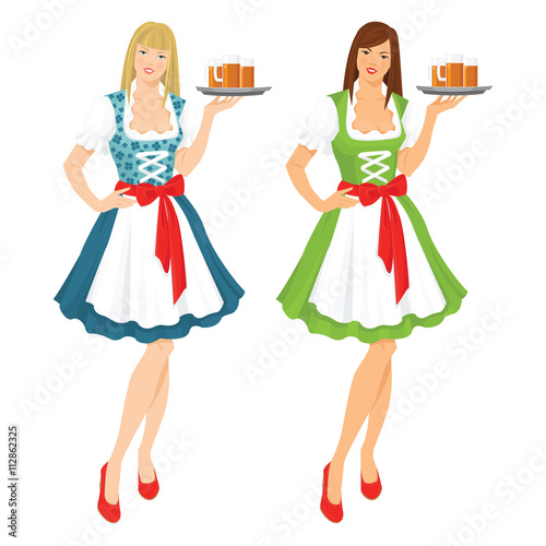 Vector illustration of pretty girl in german traditional dress with beer isolated on white background