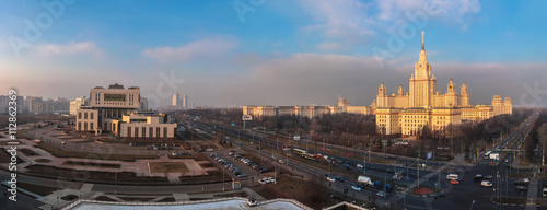 Sunset campus of Moscow university in spring from above