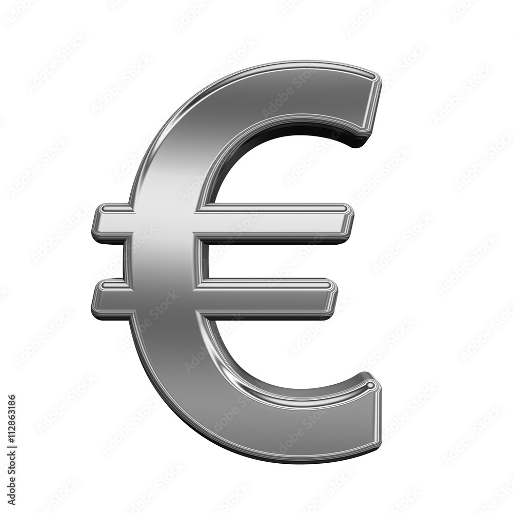 Euro sign from titanium alphabet set, isolated on white. 3D illustration.